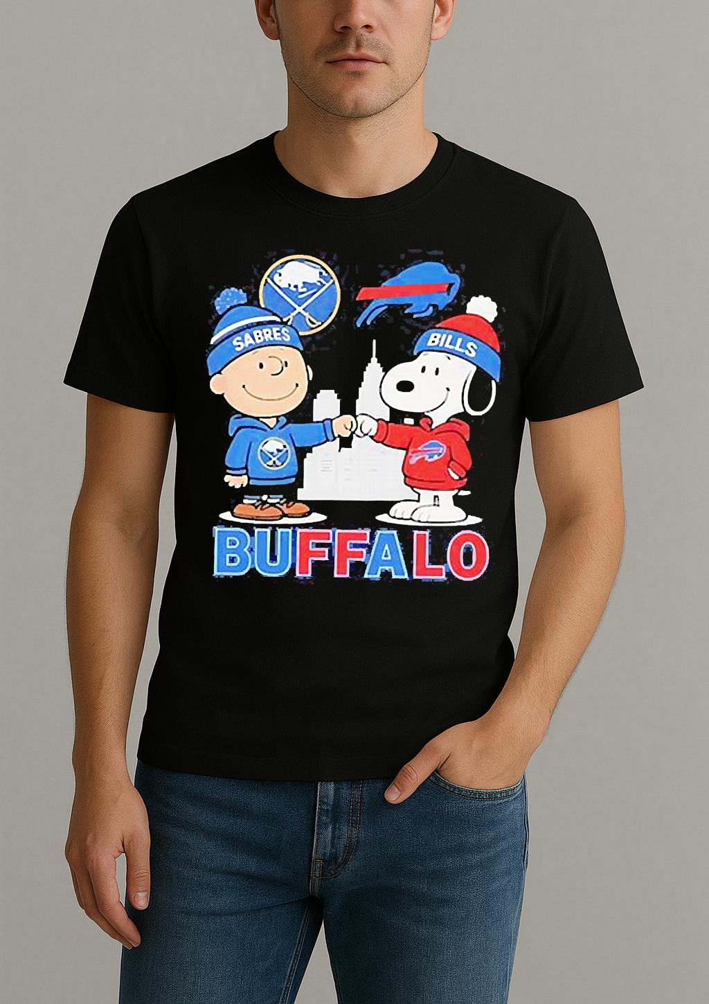 Charlie Brown Buffalo Sabres Hockey And Snoopy Buffalo Bills Baseball Skyline Shirt by Bino Shirt – Custom Graphic T-Shirt
