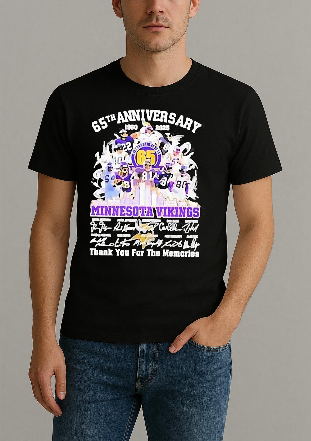 Minnesota Vikings 65Th Anniversary 1960 2025 Thank You For The Memories Skyline Signatures Shirt by Bino Shirt – Custom Graphic T-Shirt