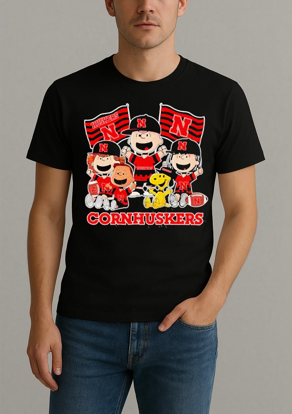 Nebraska Cornhuskers Shop Snoopy Charlie Brown And Friends Cornhuskers Flags T Shirt by Bino Shirt – Custom Graphic T-Shirt