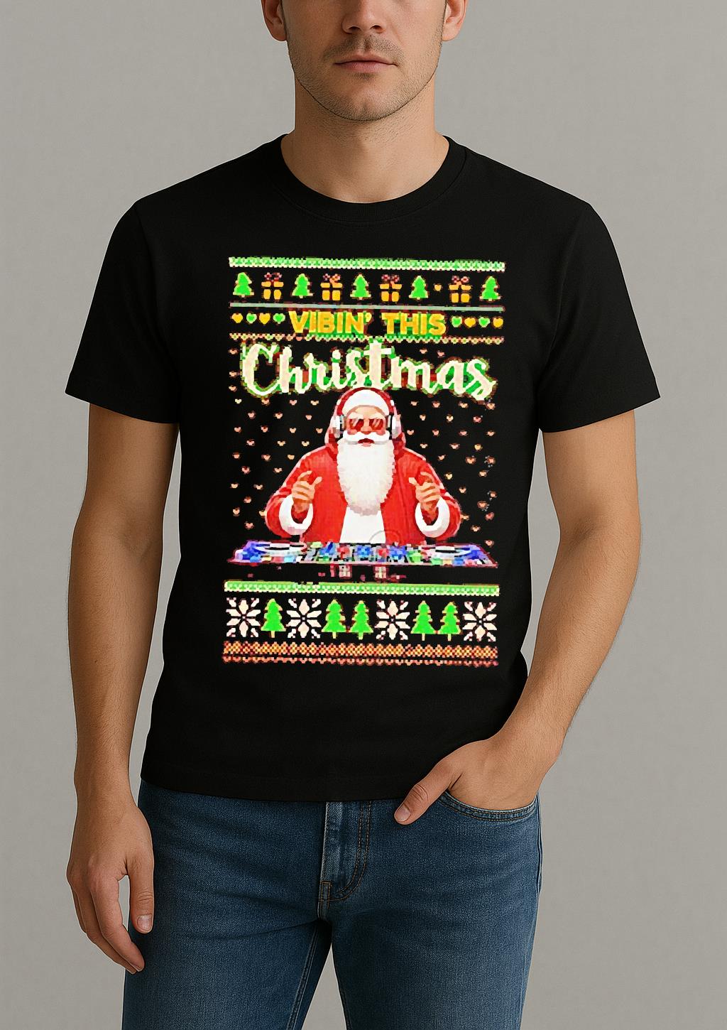 Premium Vibin This Christmas Santa Dj Ugly Christmas Sweat T Shirts Sweater Hoodie by Bino Shirt – Custom Graphic T-Shirt