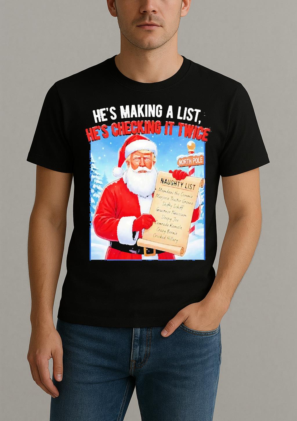 Santa Trump Hes Making A Naughty List Checking It Twice Christmas Premium Shirt by Bino Shirt – Custom Graphic T-Shirt