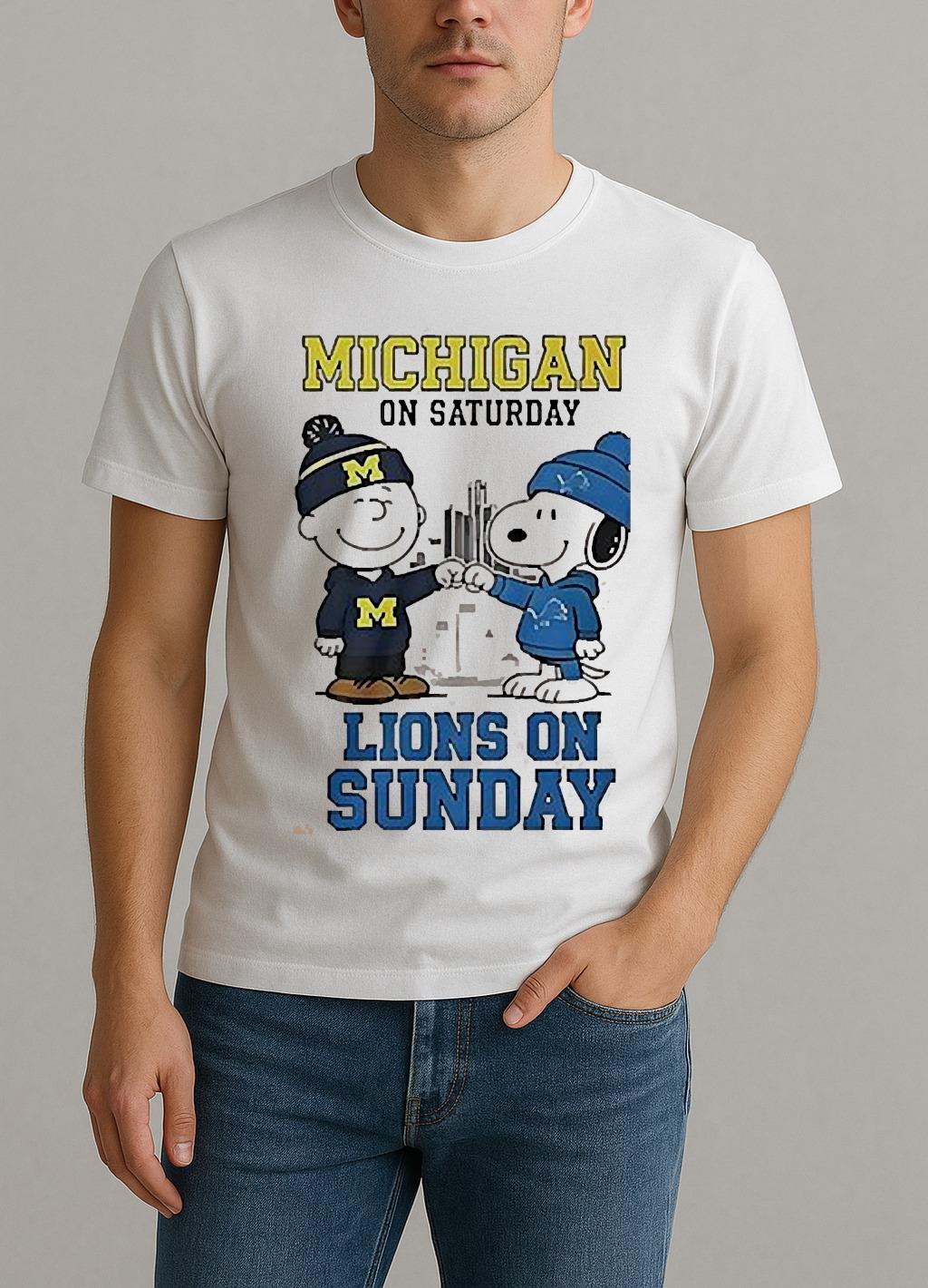 The Peanuts Fist Bump Michigan Wolverines On Saturday And Detroit Lions On Sunday Shirt by Bino Shirt – Custom Graphic T-Shirt