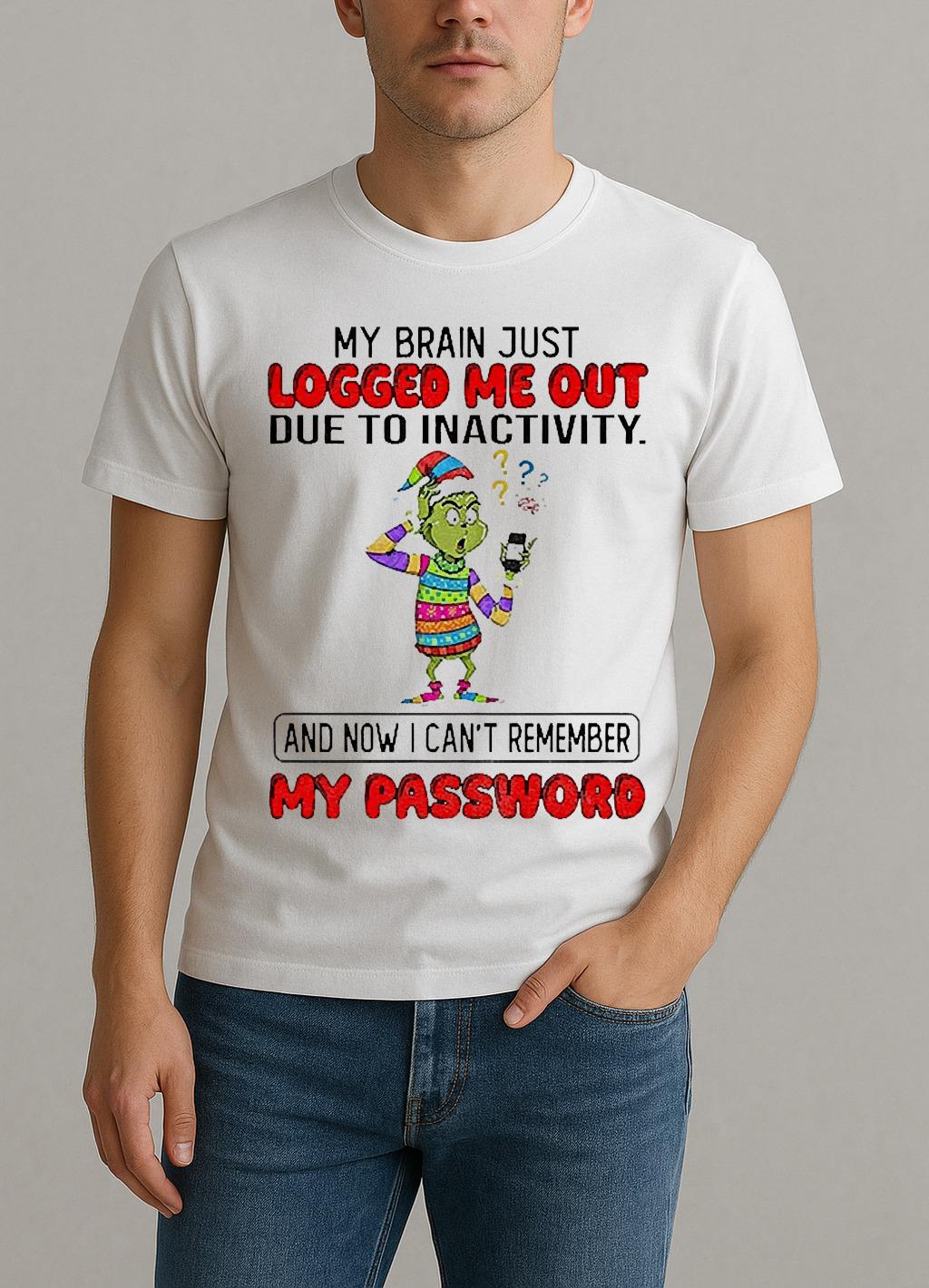 Grinch Santa My Brain Just Logged Me Out Due To Inactivity And Now I Cant Remember Christmas Shirt by Bino Shirt – Custom Graphic T-Shirt