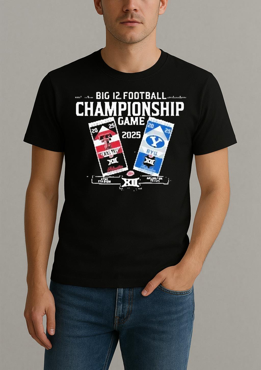 Officials Texas Tech Red Raiders Vs Brigham Cougars Big 12 2025 Football Championship Game Tickets Circle Black Shirt by Bino Shirt – Custom Graphic T-Shirt