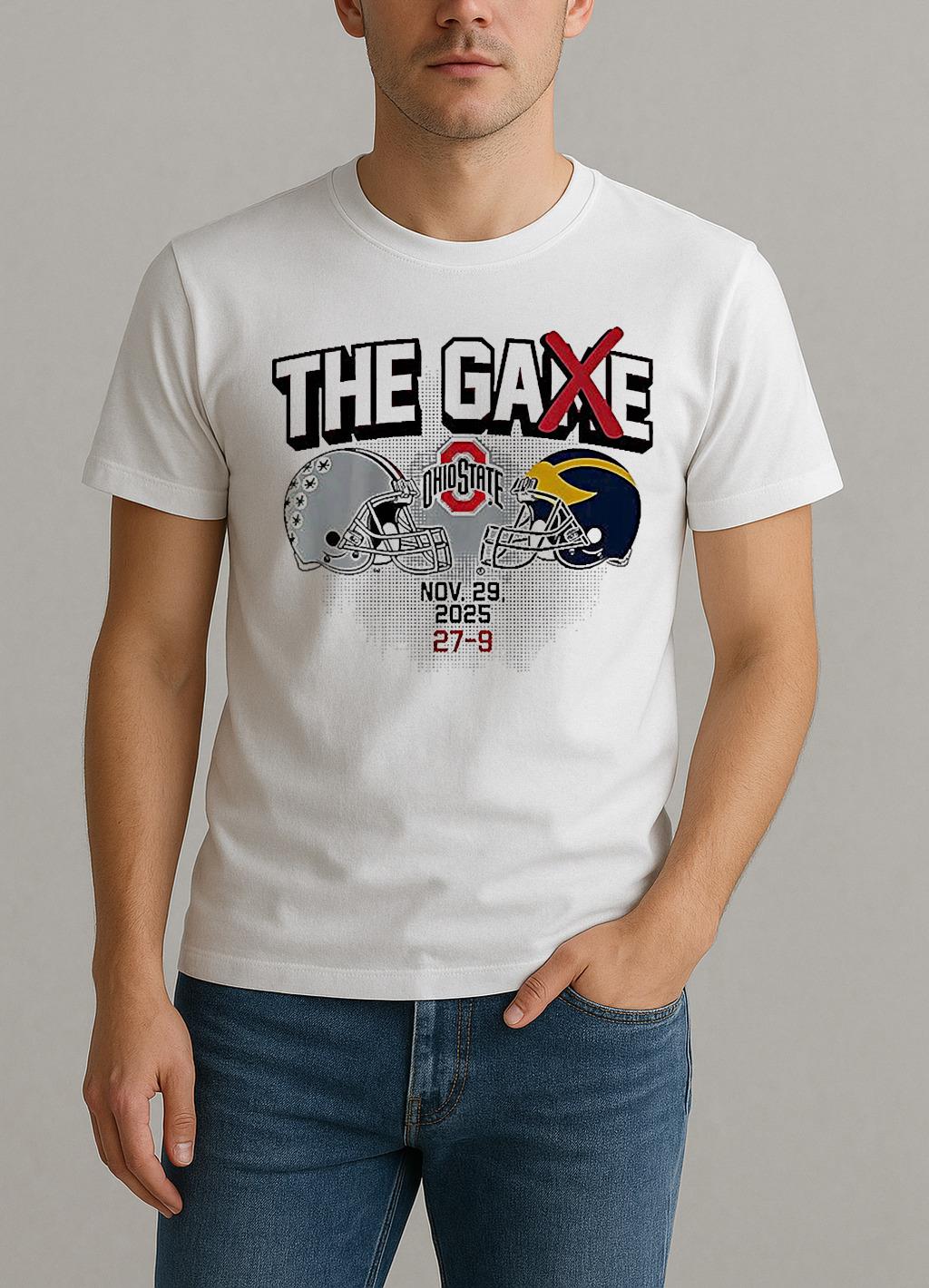 Ohio State Buckeyes Vs Michigan Wolverines Ncaa The Game 2025 Score 27 9 Helmet Shirt by Bino Shirt – Custom Graphic T-Shirt