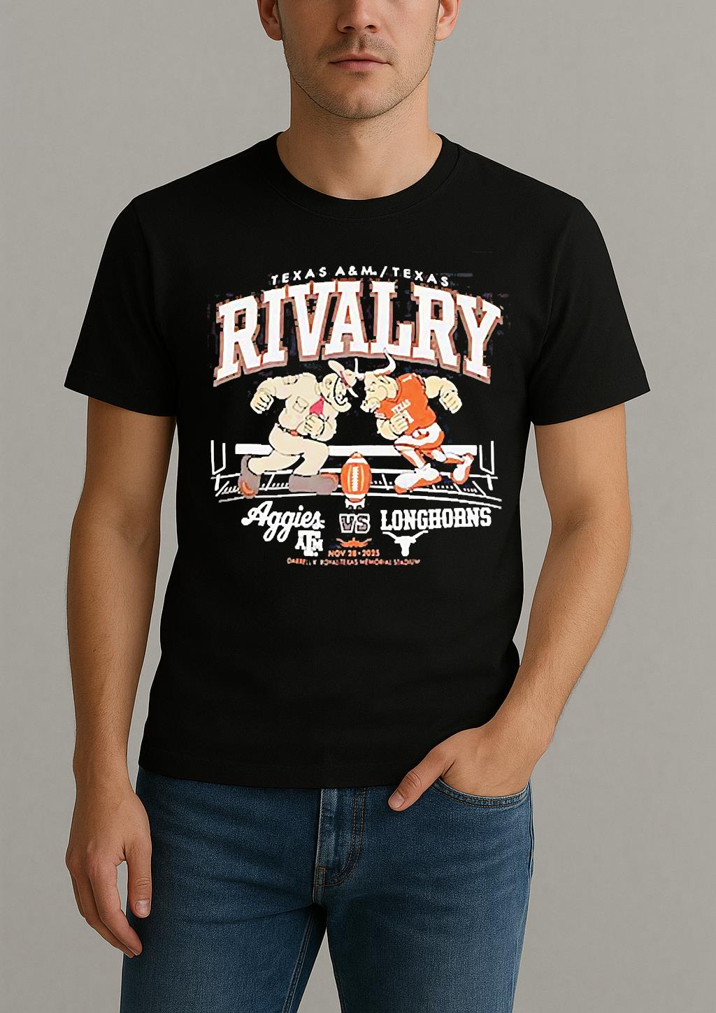 Texas Longhorns Vs Texas Am Aggies 2025 Rivalry Standing Mascot Shirt by Bino Shirt – Custom Graphic T-Shirt